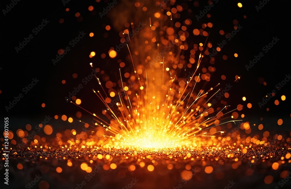 Poster fiery sparks explode in dynamic display against dark background. orange, yellow lights radiate outwa
