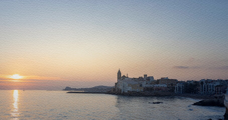 Obraz premium Beautiful sunset over the ocean with a small town in the background
