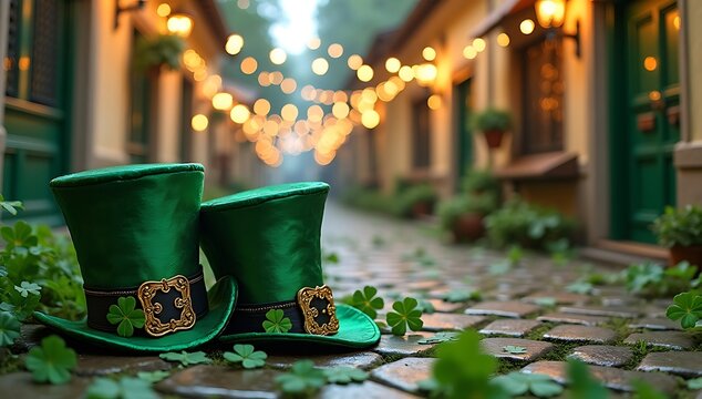 Joyful St. Patrick’s Day Street Scene with Green Leprechaun Hats, Clovers, and Soft Glowing Lights