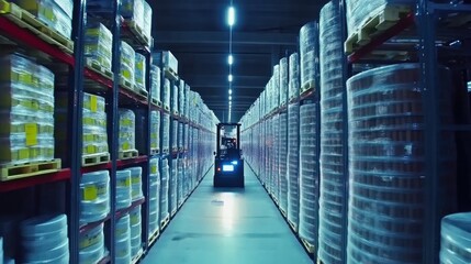 Smart food warehouse with automated robotic forklifts organizing products.