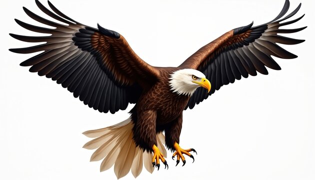Bald eagle soars with wide wings in mid-flight. Powerful bird of prey is in dynamic landing position. Illustration depicts majestic wildlife scene. Photorealistic style captures eagle details.