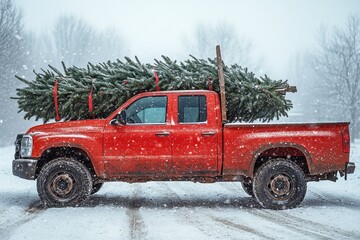 A red pickup truck carrying a Christmas tree in a snowy landscape.