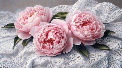 Soft pink peonies with delicate petals resting on a white lace cloth for a romantic touch.