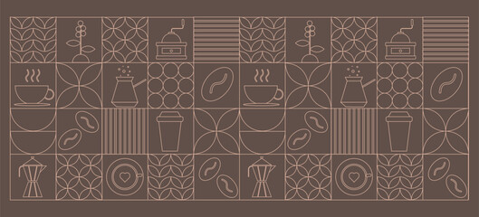 A detailed pattern showcases different coffee brewing methods, cups, and beans arranged in a stylish layout against a warm background, highlighting coffee culture and design.