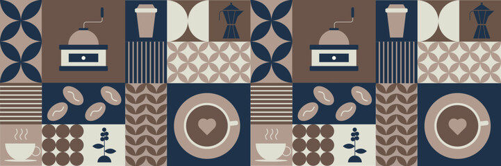 Seamless coffee-themed pattern featuring geometric shapes, coffee beans, steaming cups,  cezve, and coffee plants in a brown, beige, and navy color scheme. 