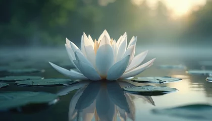 Tableau sur plexiglas Salle de bain Serene lotus flower floats calmly on placid water. Gentle light bathes tranquil scene. Peaceful botanical design evokes harmony, relaxation. Zen garden meditation imagery perfect for yoga, wellness.  © Maryna