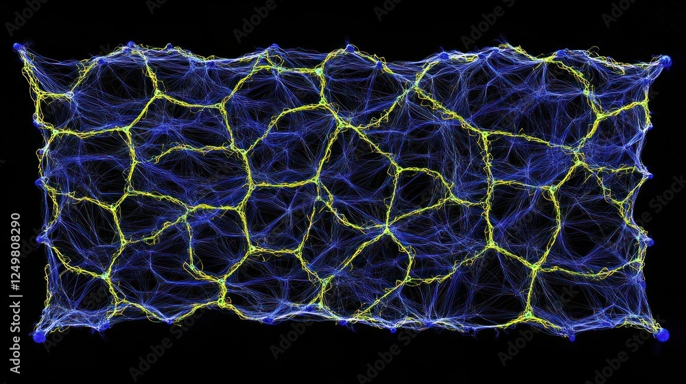 Poster abstract neural network interconnection with blue and yellow lines