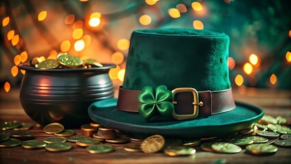 Rustic Wooden Table Display with Leprechaun Hat, Gold Coins, Shamrocks, and Warm Golden Bokeh Lights