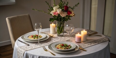 Fototapeta premium Romantic dinner setting with elegant table arrangements and candlelight at home during the evening