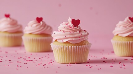 Valentine's Day cupcakes with pink frosting and heart sprinkles on a pink background.