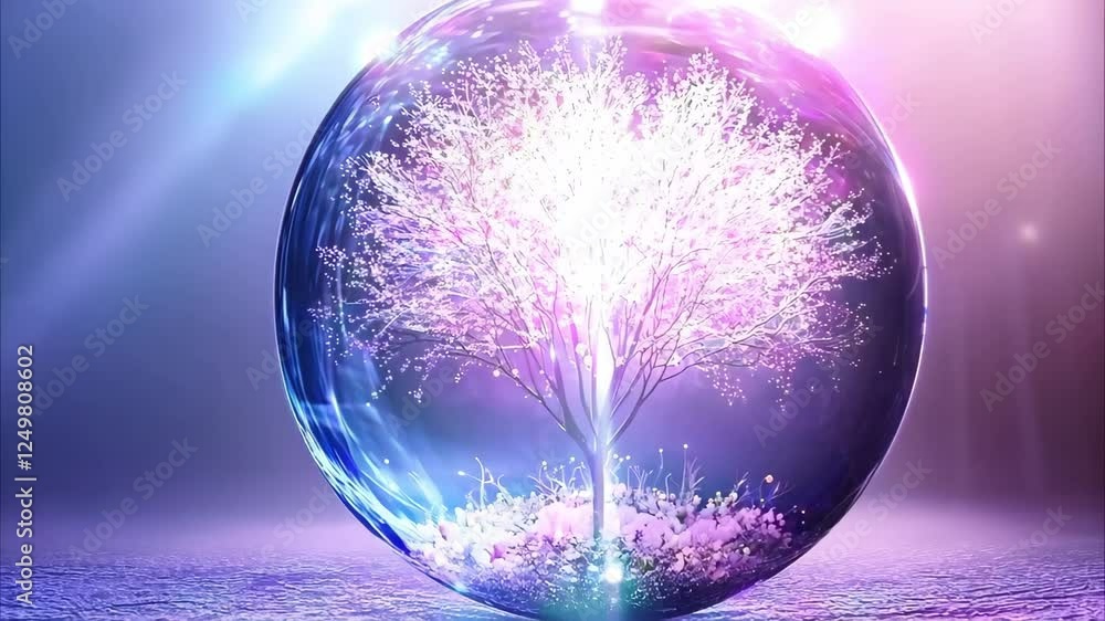 Poster a tree inside a glass orb, illuminated with vibrant colors and light effects, creating a magical and