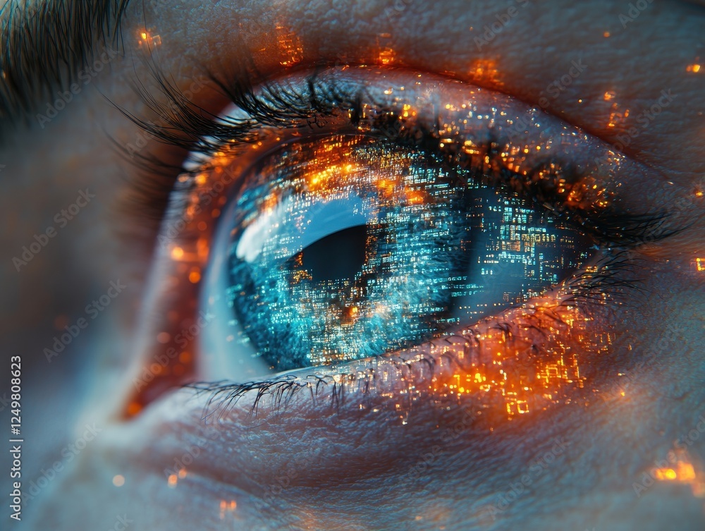 Aufkleber a close-up of an eye with digital data and glowing elements reflected.