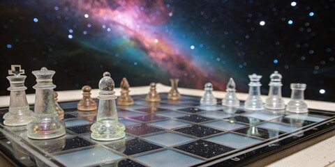 Chess game played under a cosmic backdrop highlights strategic thinking and concentration during leisure time