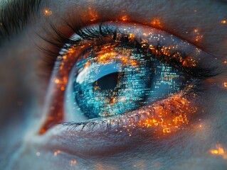 A close-up of an eye with digital data and glowing elements reflected.