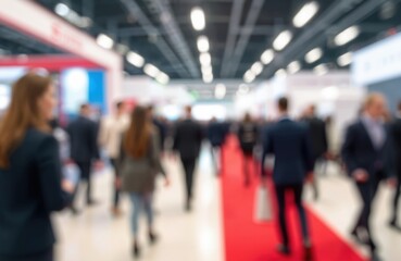 Busy business people walk in modern trade fair hall. Corporate event with many people networking. Interactive discussions, presentations taking place. Many professionals gather for conference