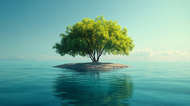 A serene island with a single green tree stands alone in a vast ocean, symbolizing isolation and resilience, with a blurred, empty background evoking modern minimalism.

