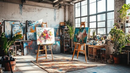 Obraz premium Sunlit Artist's Studio: Canvases, Easels, and Creative Inspiration Abound