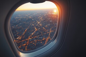 Fototapeta premium Nighttime cityscapes seen through an airplane window in the sky, with dark space available for text
