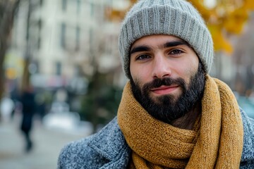Bearded man wearing a beanie and scarf in a casual winter outfit.