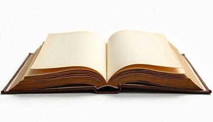 Fototapeta premium Open book with blank pages lies flat. Leather book cover. Classic book object. Perfect for education concepts. Elegant, timeless item. Ideal for study, learning themes. Stylish design. Book image for