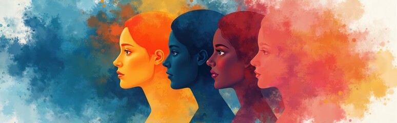 Four diverse women profiles showcase mental health awareness. Abstract colors represent inner strength, diversity. Image promotes inclusivity, empathy in mental health support. Illustration targets