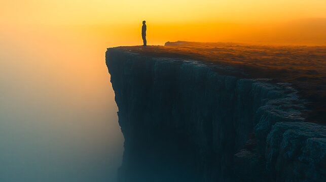 Capture essence of renewal with a minimalist image of a solitary figure standing on the edge of a cliff silhouetted against the first light of dawn embracing the promise of a new year