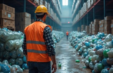 Fototapeta premium Engineer observes plastic bottles piled up in industrial recycling plant. Worker in protective gear surveys recycling waste. Recycling eco industry. Recycling plant processing plastic waste.