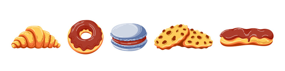 Set of sweet desserts and bakery products. French croissant, chocolate donut, macaron, oatmeal cookies, eclair. Vector illustration of sweets, cartoon flat style, isolated on white background