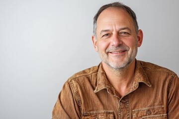 Obraz premium Portrait of a smiling middle-aged man in a casual shirt with plenty of space for copy.