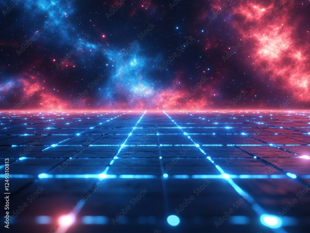 Poster futuristic digital landscape with cosmic elements and glowing grid patterns.