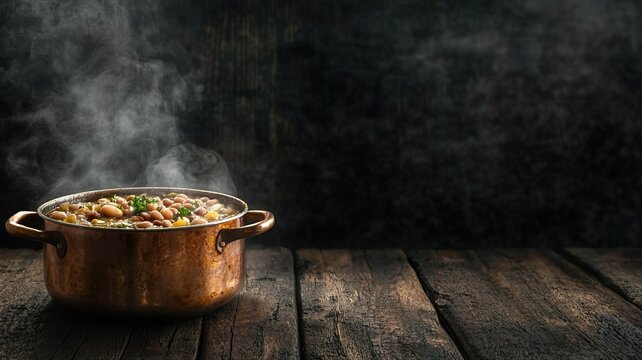 Rustic copper pot with steaming hearty bean stew on wooden table