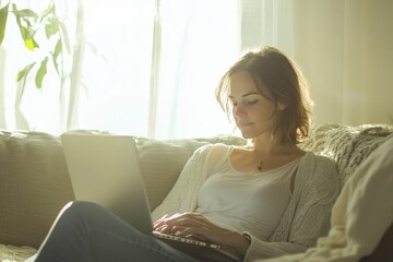 Obraz premium Relaxed woman sitting on a couch with a laptop in her lap, bright room behind her.