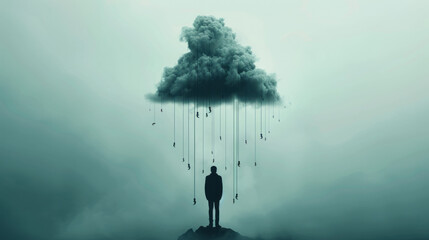 Under a Dark Cloud: A solitary figure stands silhouetted against a moody, atmospheric backdrop, a heavy, dark cloud looming overhead, from which hang symbolic teardrops, conveying feelings of sadness.