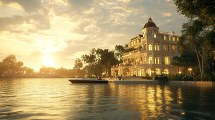 Naklejka premium An opulent mansion glowing in evening light, reflected on calm waters, surrounded by a peaceful landscape, symbolizing luxury, tranquility, and wealth in a modern, serene setting.