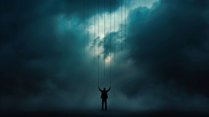 Bound by Fate: A haunting silhouette of a man seemingly controlled by unseen strings, suspended against a dramatic backdrop of dark, swirling clouds. The image evokes feelings of helplessness.