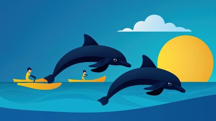 Obraz premium Illustration of a team saving stranded dolphins in shallow water
