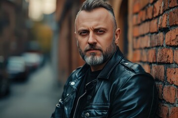 Fototapeta premium Stylish man in a leather jacket looking confidently at the camera.