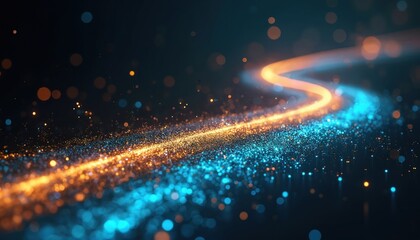 Abstract digital roadmap visualization. Dynamic flow of data points with glowing orange, turquoise trails. Futuristic, modern tech concept for business process modernization. Illustrates seamless