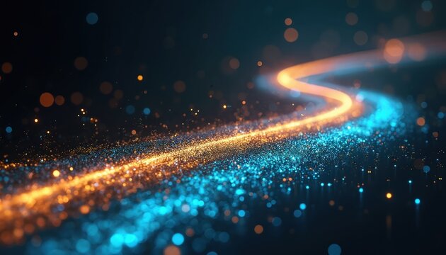 Abstract digital roadmap visualization. Dynamic flow of data points with glowing orange, turquoise trails. Futuristic, modern tech concept for business process modernization. Illustrates seamless
