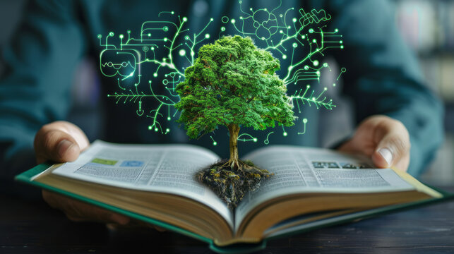 Growth from Knowledge:  A symbolic image of a green tree sprouting from an open book, representing the power of education and knowledge to nurture growth and innovation.  
