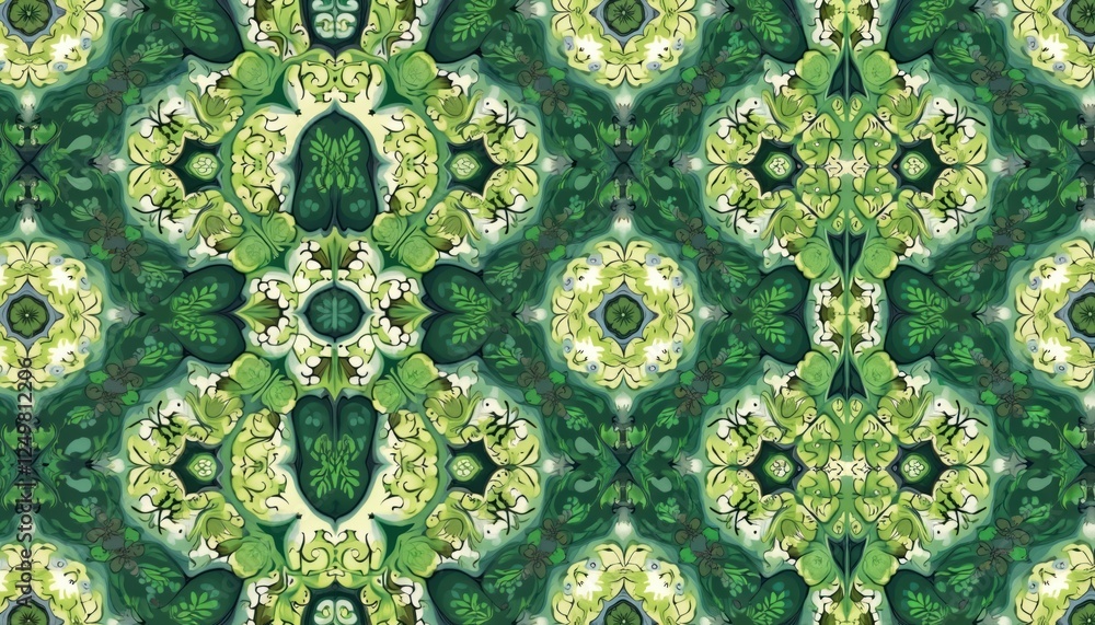 Poster intricate green leaf pattern wallpaper shows organic shapes with calming effects. leafy patterns rep