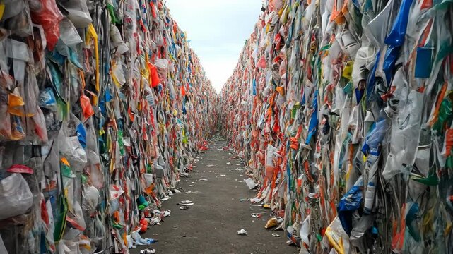 Plastic waste piles create narrow pathways in a recycling facility, highlighting environmental challenges and efforts