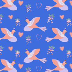 Pattern with stylized bird and flower on blue background.eps