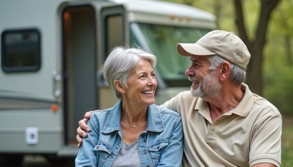 Mature couple sits outdoors next to RV. Smile, look at. Lifestyle photo shows happy senior couple enjoying outdoor activities. Outdoor setting suggests camping trip vacation. Couple likely on