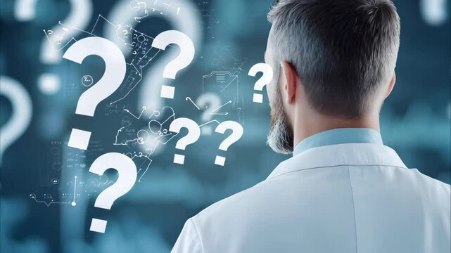 A person in a lab coat is looking at a background filled with question marks and medical data charts.
