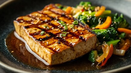 Japanese tofu steak grilled topped with teriyaki sauce served with sauted vegetables for a light and healthy meal