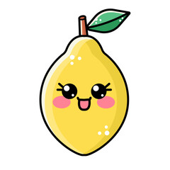 Single, simple yellow lemon in cute kawaii style isolated on white background. Vector illustration lemon with smiling face for kids, children