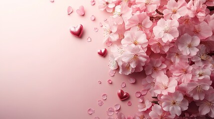 Obraz premium Blooming sakura, spring flowers on pink background with copy space for message. Greeting card for Valentine's Day, Woman's Day and Mother's Day holidays. Toned image. Top view