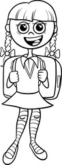 happy cartoon school girl with school bag coloring page