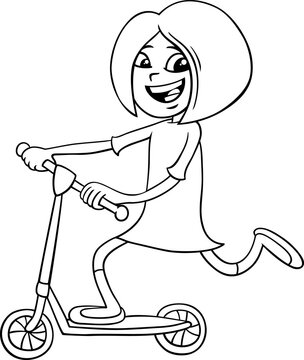 cartoon elementary age girl character on schooter coloring page